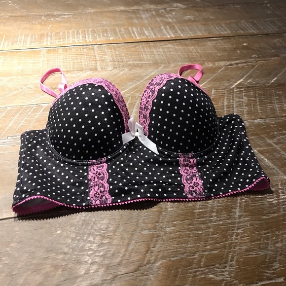 Sexy Lingerie Bra Top 34C Black with white polka dot and pink lace trim - Picture 3 of 8